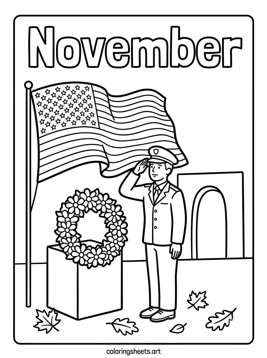 Veterans Day tribute with flag and wreath November coloring sheet for kids