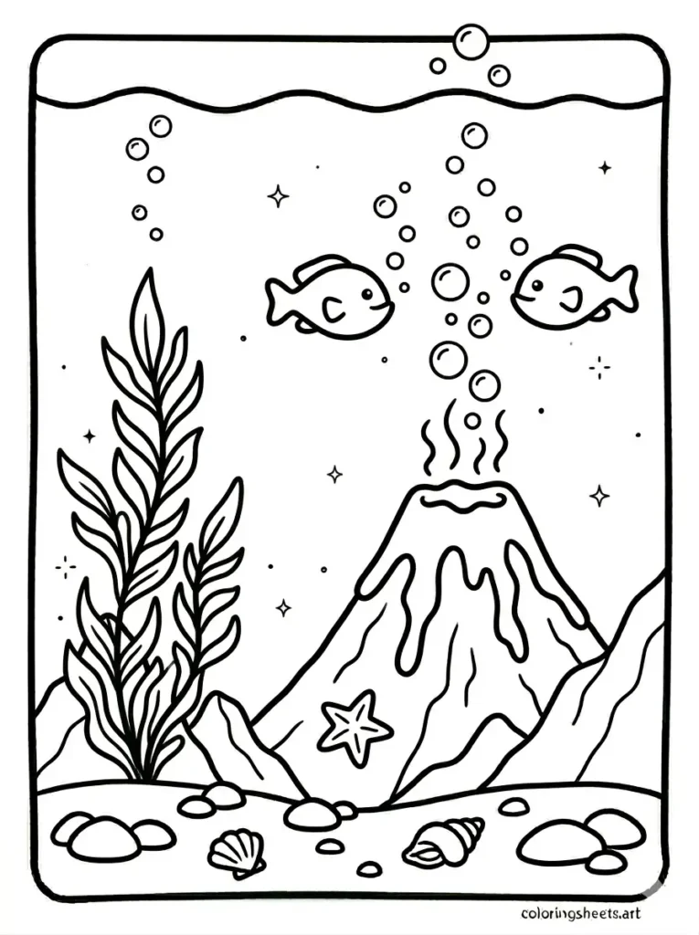 Free printable ocean coloring pages for kids featuring an underwater volcano with bubble streams