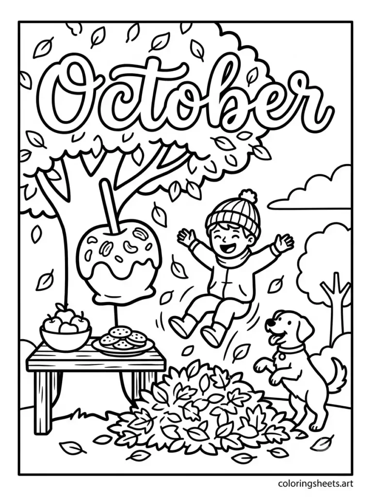 Caramel apple treats cookies October script lettering coloring page for kids