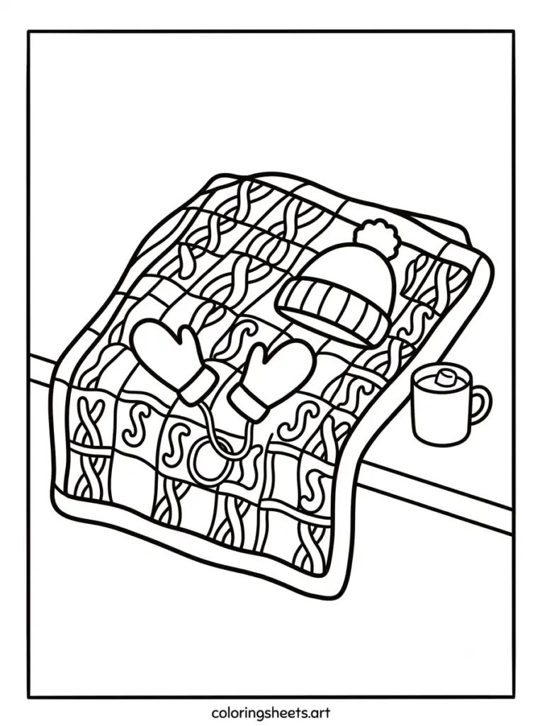Cozy blanket mittens hat hot cocoa simple coloring page for kids