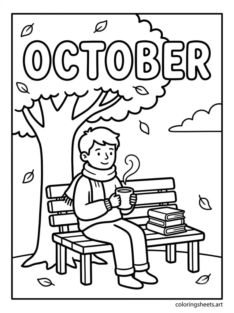 Cozy autumn scene mug books bench October bubble lettering coloring page free