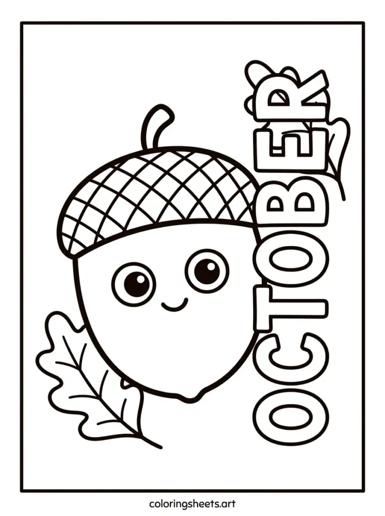 Cute acorn character smiling face oak leaves October upright lettering coloring page for toddlers