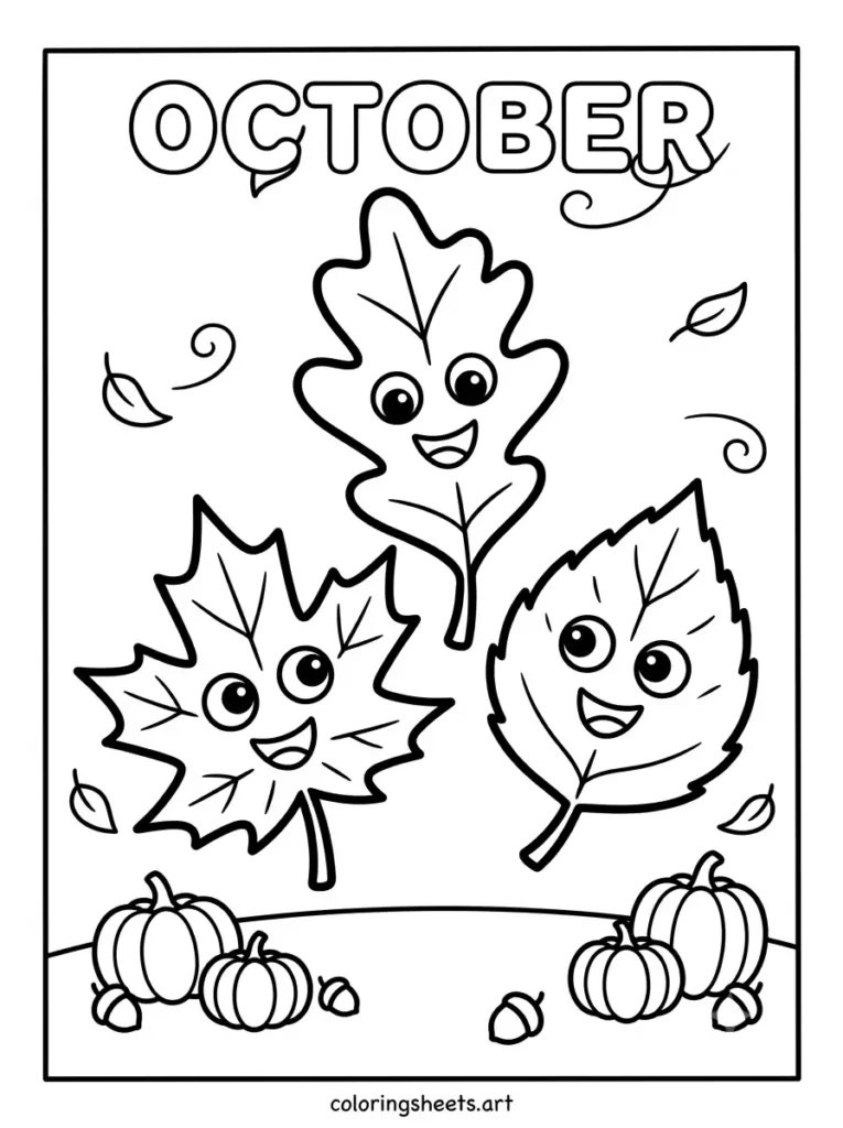 Dancing autumn leaves happy faces acorns pumpkin simple coloring page for toddlers