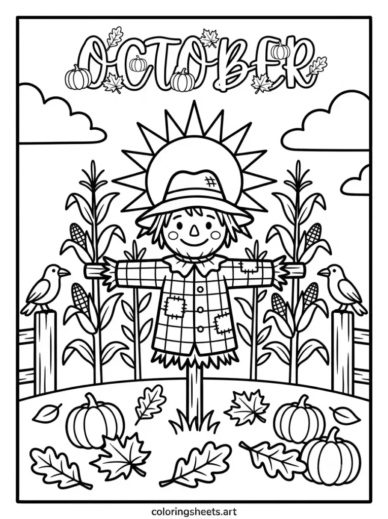 Friendly scarecrow cornfield crows October decorated lettering coloring page for kids