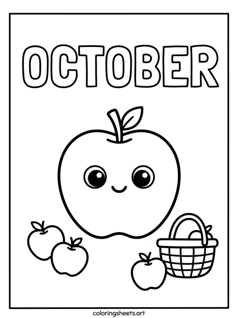 Happy apple character smile basket October block lettering coloring page for kids
