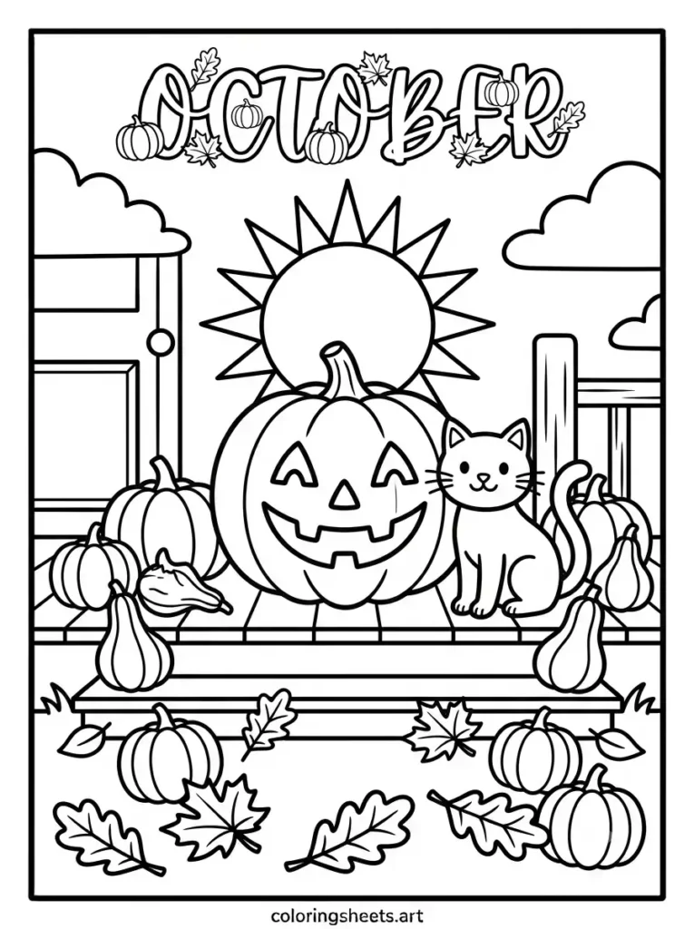 Happy jack-o-lantern black cat pumpkins October bubble lettering coloring page free