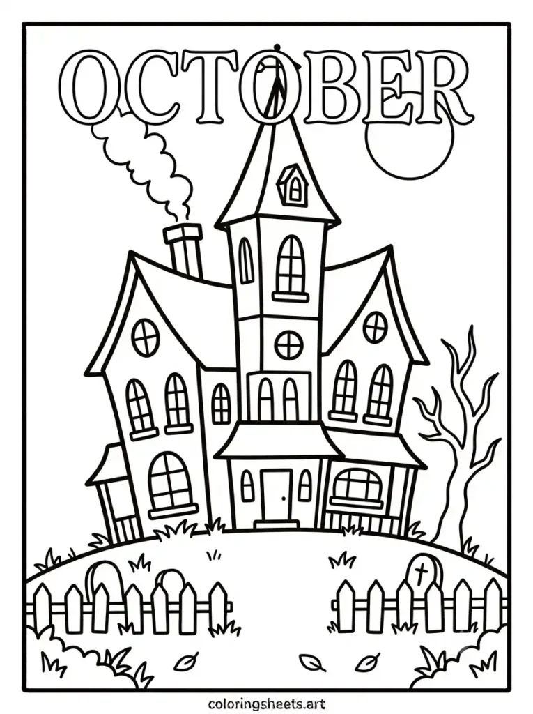 Haunted house full moon tombstones spooky coloring page for kids free printable