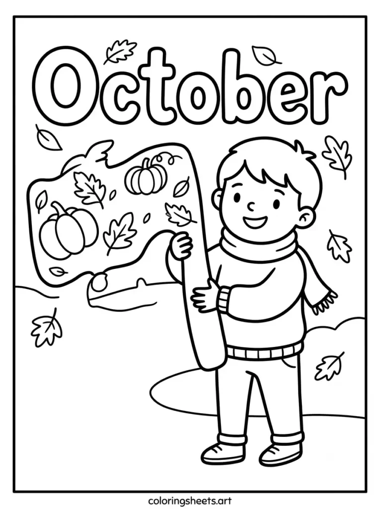 Hello October sign child sweater autumn leaves pumpkins coloring page free printable
