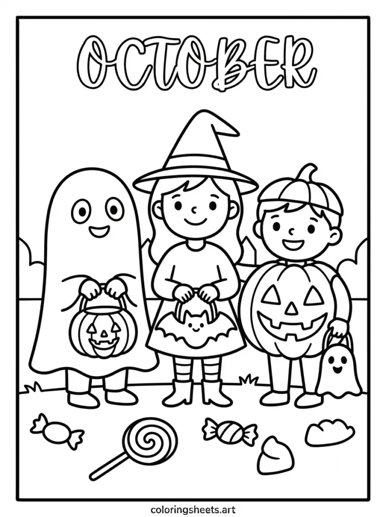 Kids Halloween costumes ghost witch pumpkin October block lettering coloring page printable