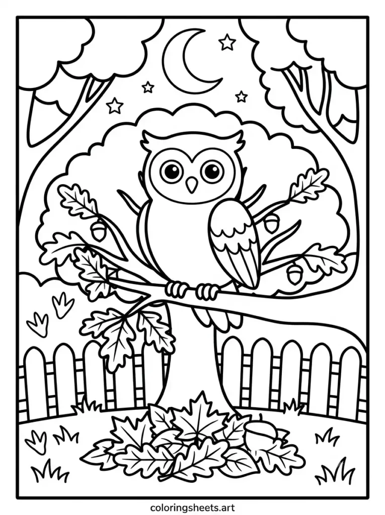 Owl sitting on oak tree branch with moon and stars simple coloring page for kids free