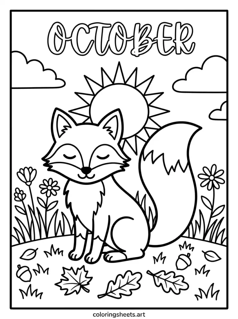 Playful fox in field autumn leaves October script lettering coloring page for toddlers