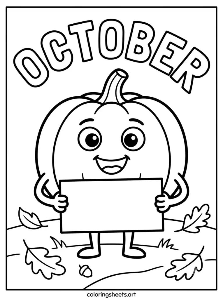 Pumpkin character Hello October sign leaves acorn coloring page free