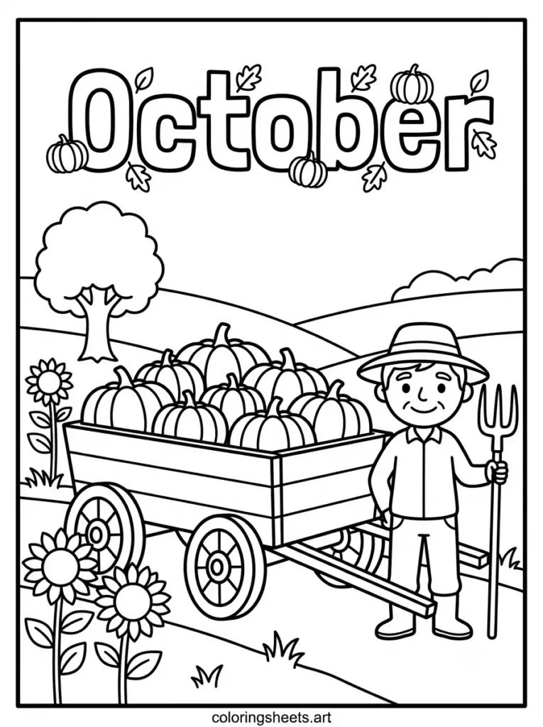 Wagon pumpkins farmer October decorated lettering coloring page for kids