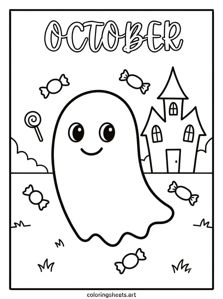Smiling ghost candy haunted house October arched lettering coloring page for toddlers