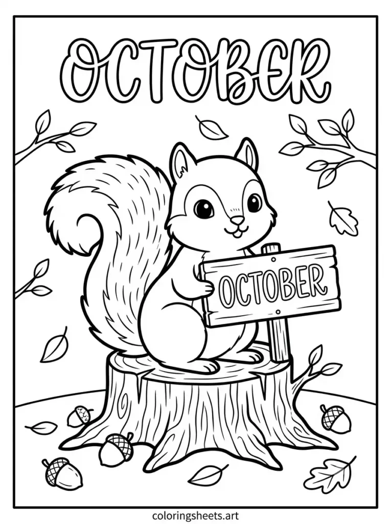 Squirrel Hello October sign tree stump acorns leaves coloring page for kids