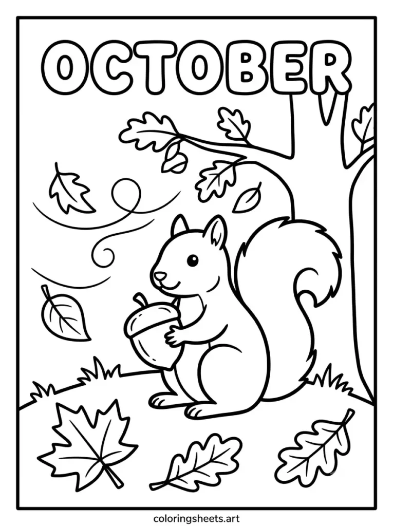 Squirrel holding acorn October bubble lettering autumn leaves coloring page for kids