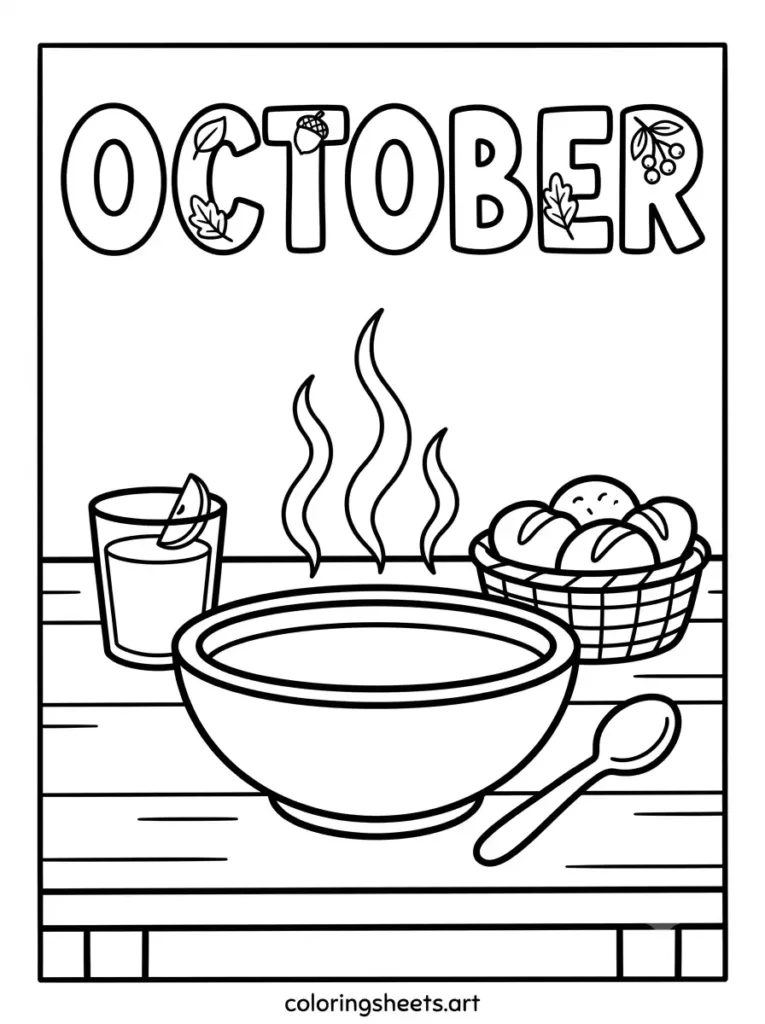 Warm soup bread apple cider October arched lettering coloring page free