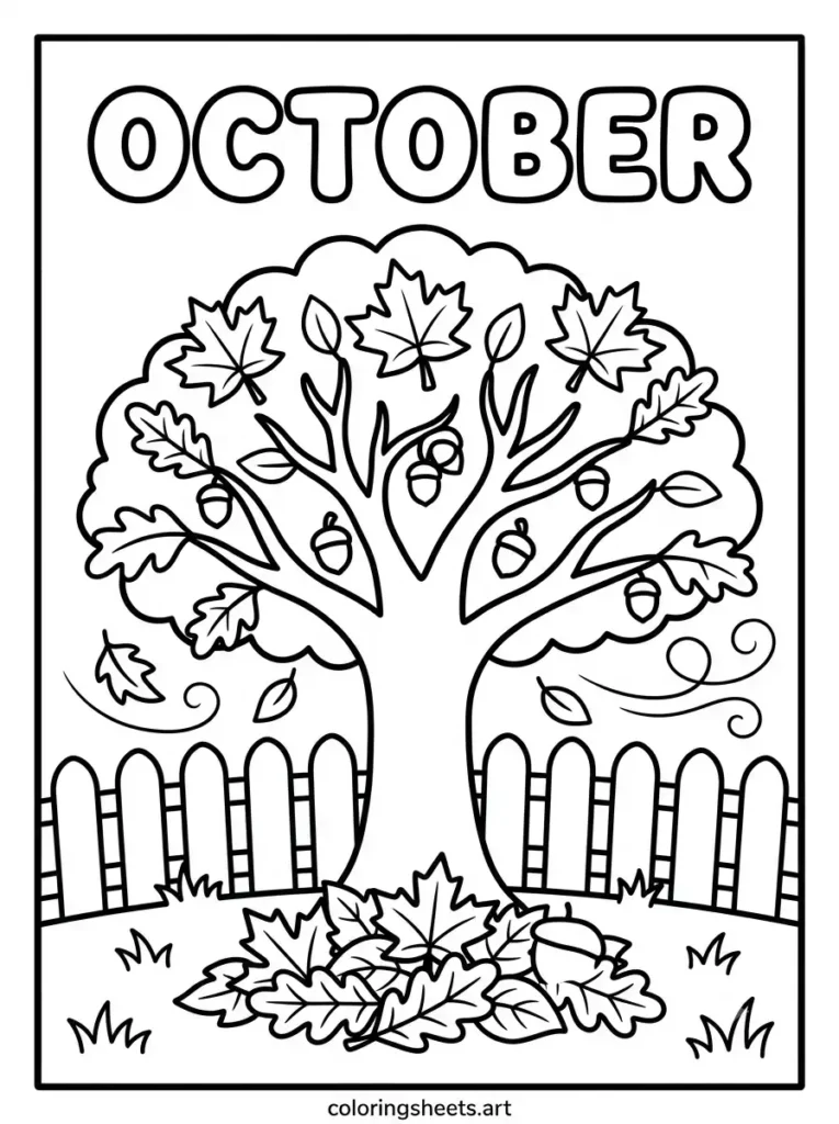 Autumn tree falling leaves October block lettering coloring sheet for kids