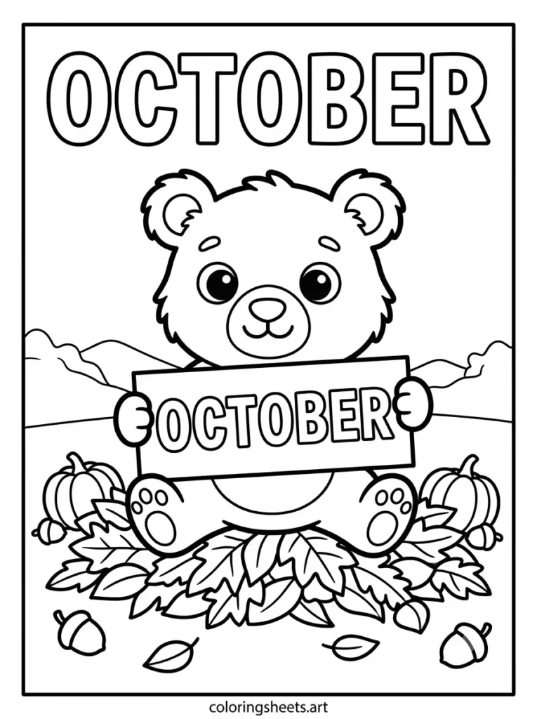 Bear cub autumn leaves pumpkins acorns Hello October sign coloring sheet