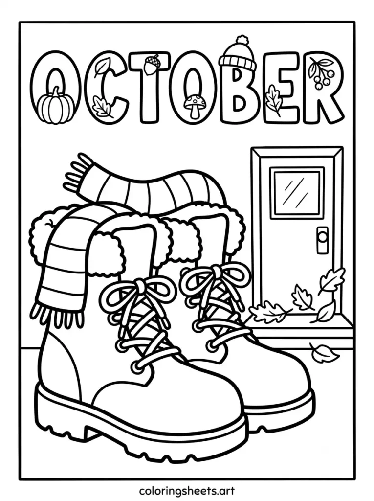 Cozy boots scarf autumn leaves October decorated lettering coloring sheet for toddlers