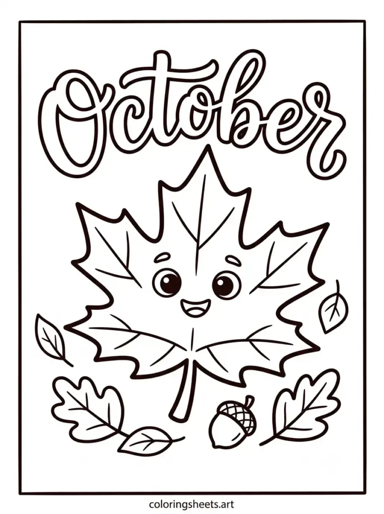 Cute autumn leaf character smile maple leaf October script lettering coloring sheet printable