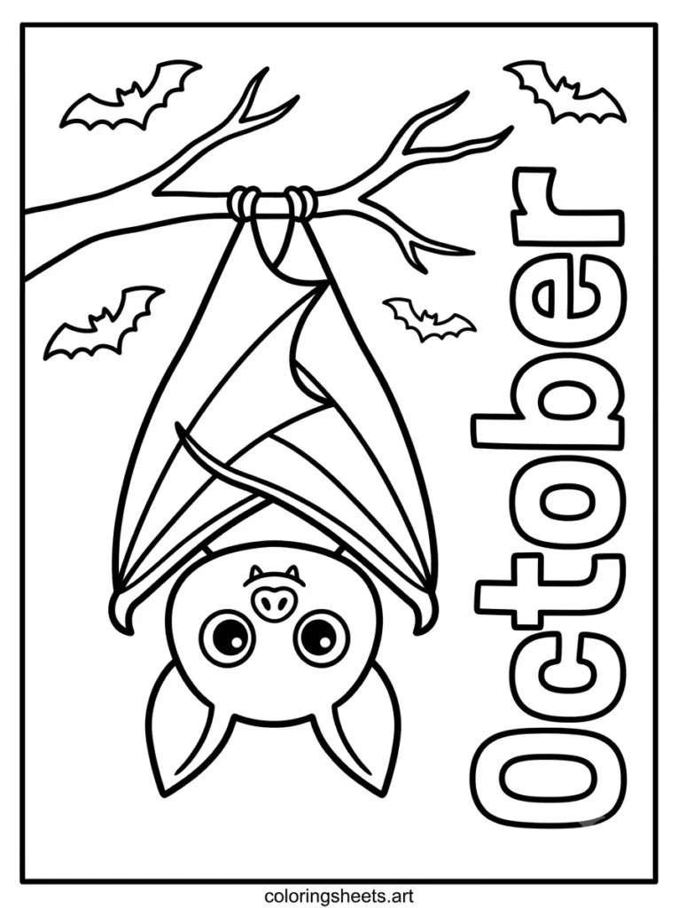 Friendly bat hanging upside down tree October upright lettering coloring sheet free