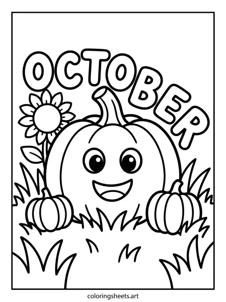 Friendly pumpkin character smile smaller pumpkins sunflower October bubble lettering coloring sheet free