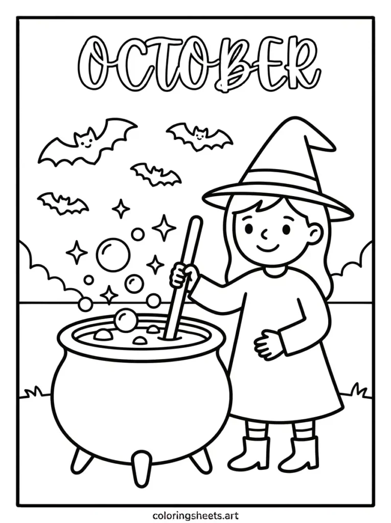 Friendly witch cauldron stars bats October script lettering coloring sheet for kids