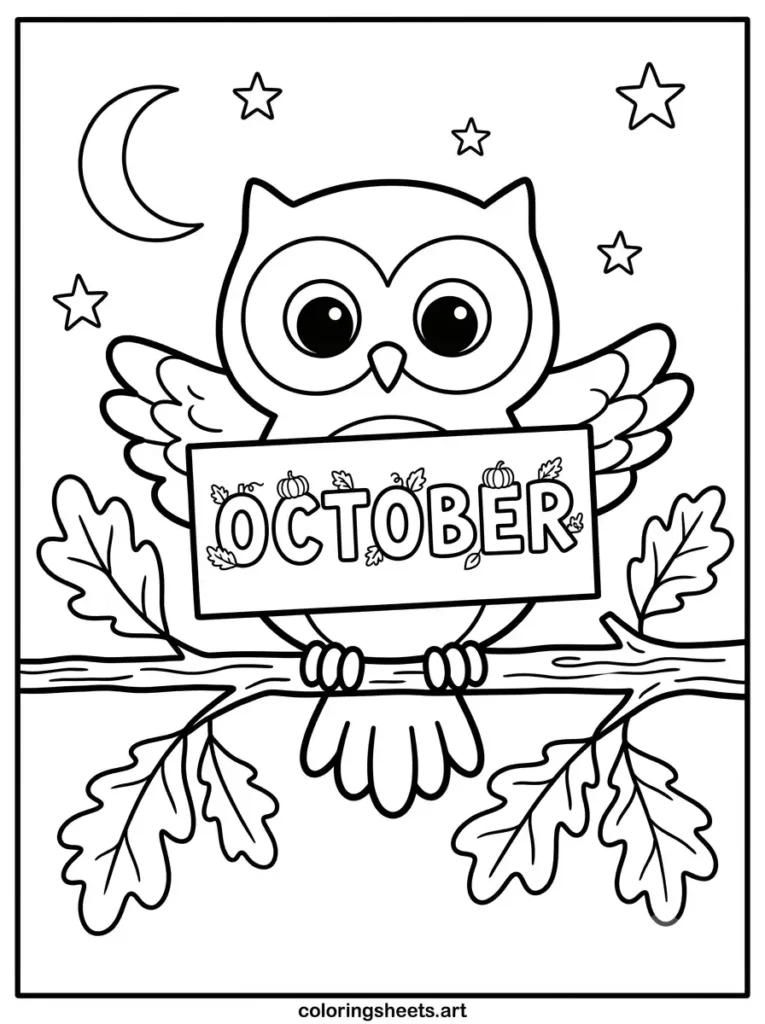 Owl Hello October sign branch moon stars coloring sheet printable PDF