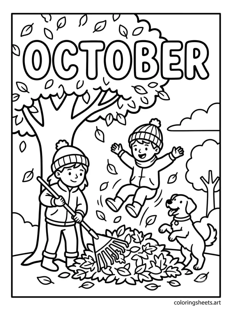Children raking leaves pile dog October block lettering coloring sheet printable