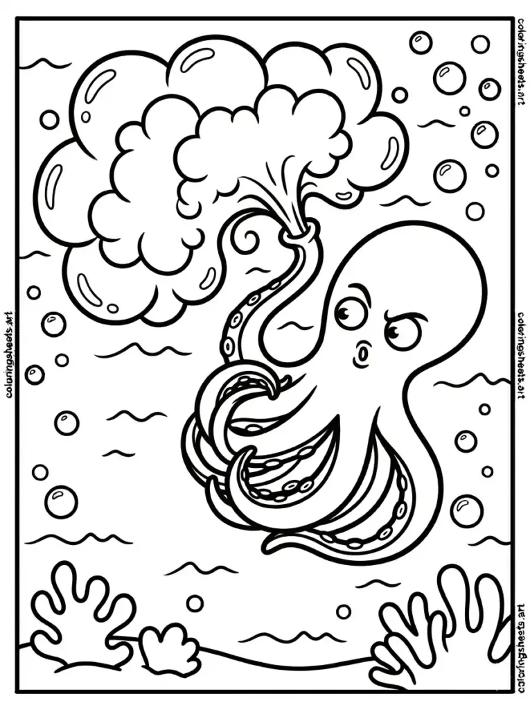 Octopus blasting a giant ink cloud behind coloring page for kids