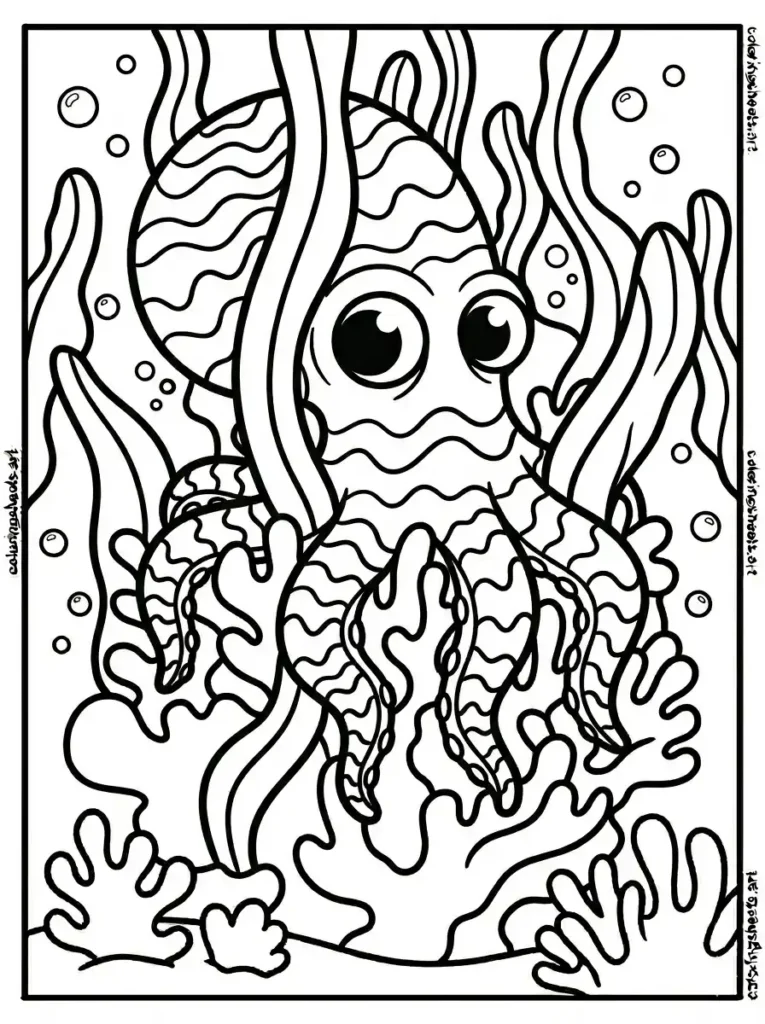 Octopus blending perfectly into seaweed forest coloring page free printable