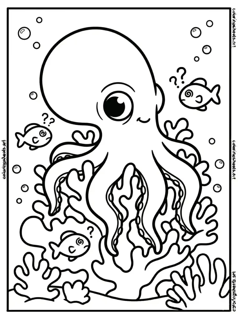 Octopus changing color to blend with coral reef coloring page for kids