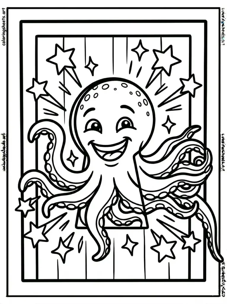 Octopus escaping through a tiny keyhole coloring page for kids