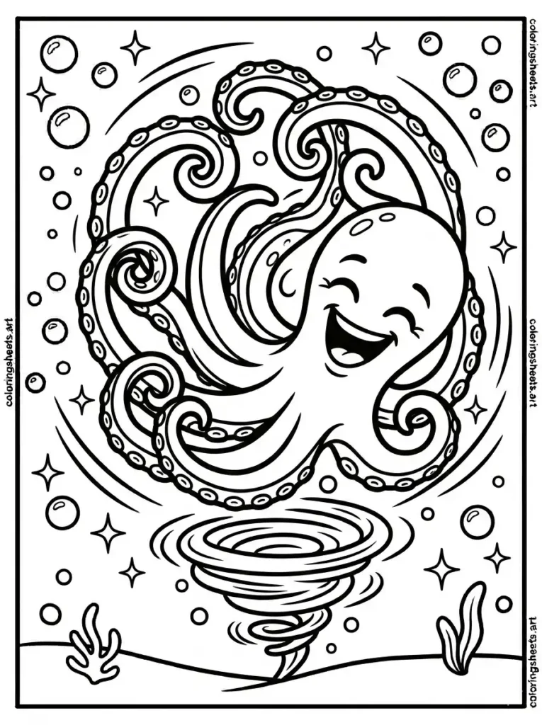 Octopus flipping and twirling using jet power coloring page for kids