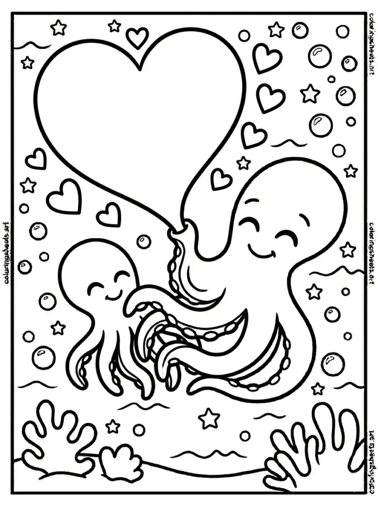 Octopus making a heart shaped ink cloud coloring page free PDF printable