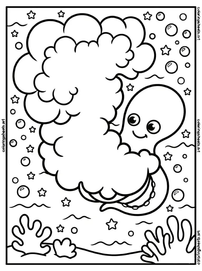 Octopus hiding behind a huge ink cloud coloring page for toddlers