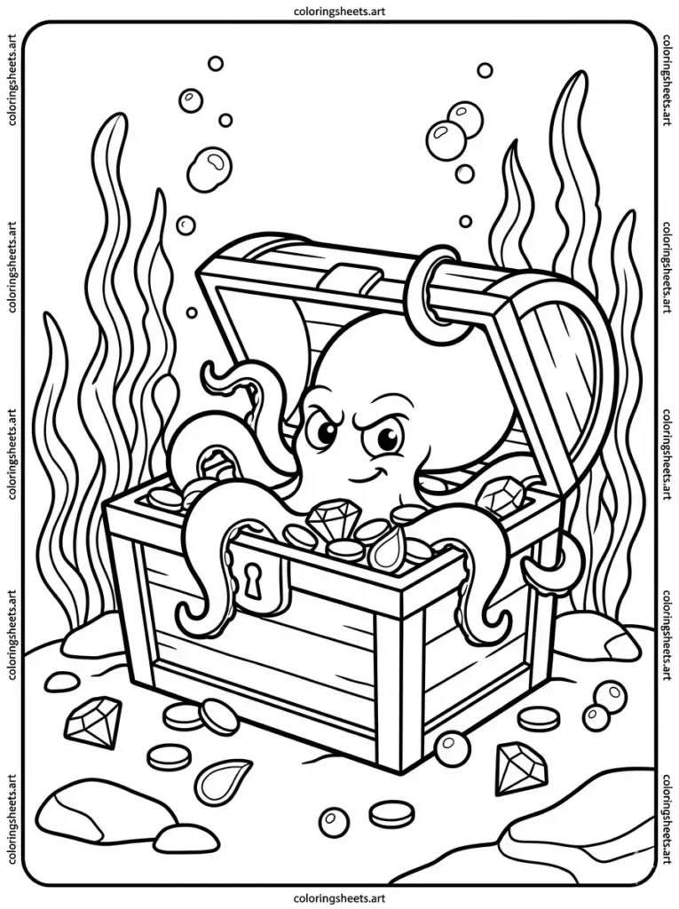 Octopus hiding inside a small open treasure chest coloring page PDF