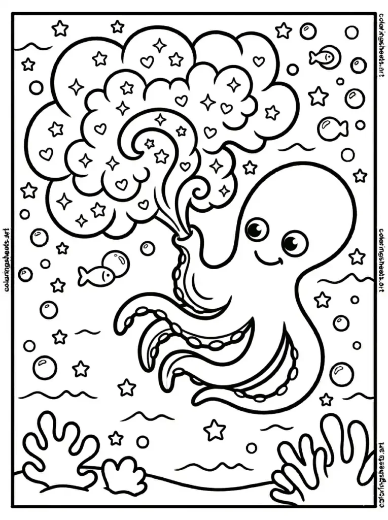 Octopus ink cloud with star sparkles coloring page free printable PDF