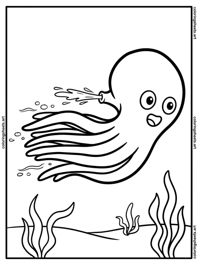 Octopus using jet propulsion to swim fast coloring page for kids