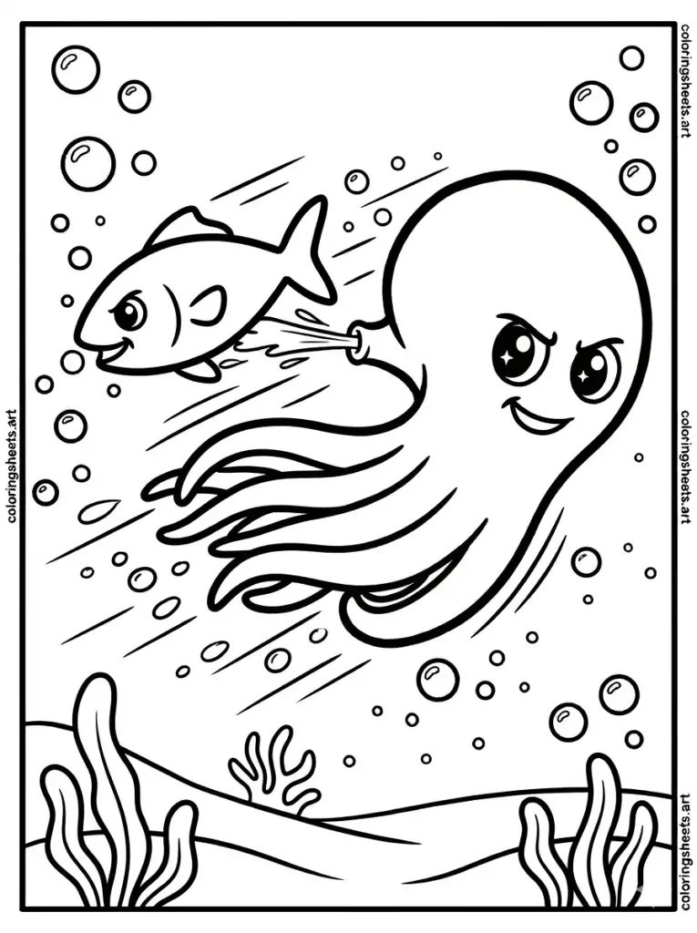 Octopus racing a fish in the ocean coloring page for kids
