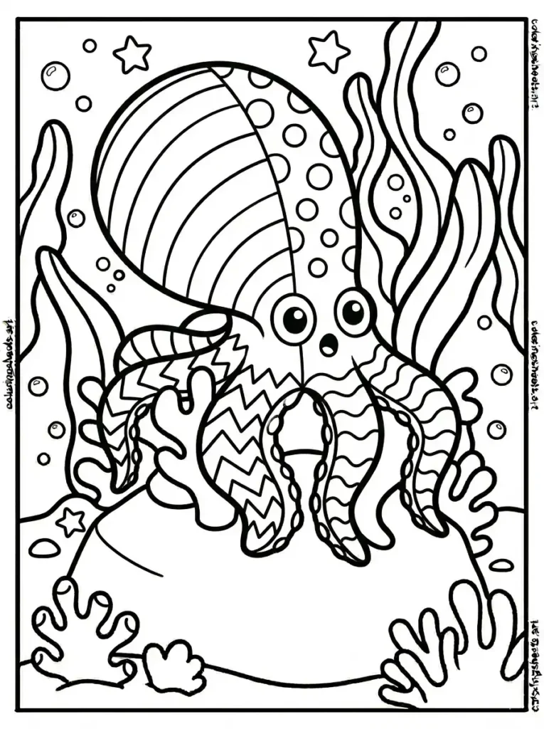 Octopus rapidly changing colors with pattern sections coloring page for kids