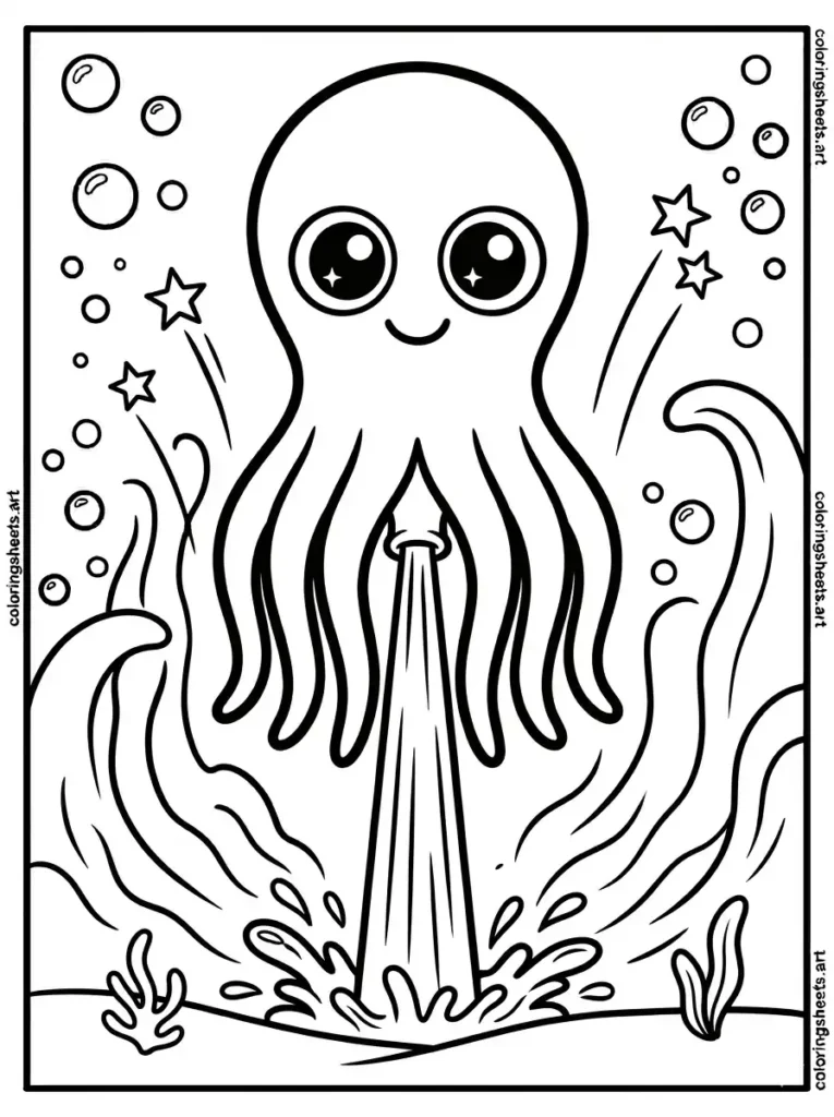 Octopus shooting upward fast through the water coloring page for toddlers