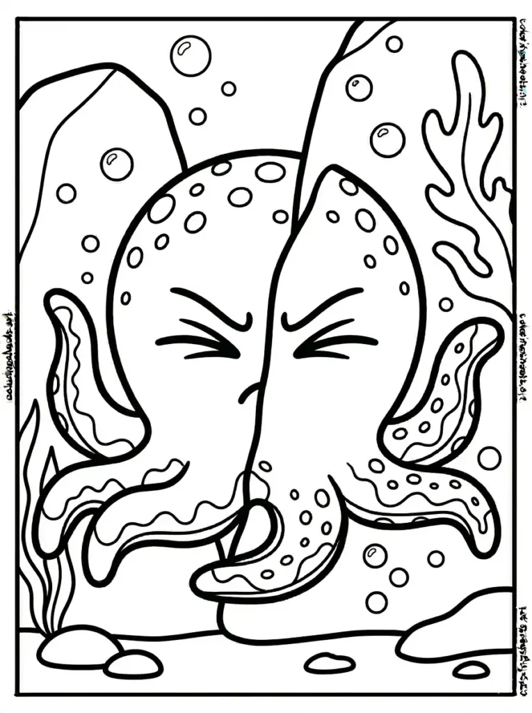 Octopus squeezing through a tiny rock opening coloring page for kids