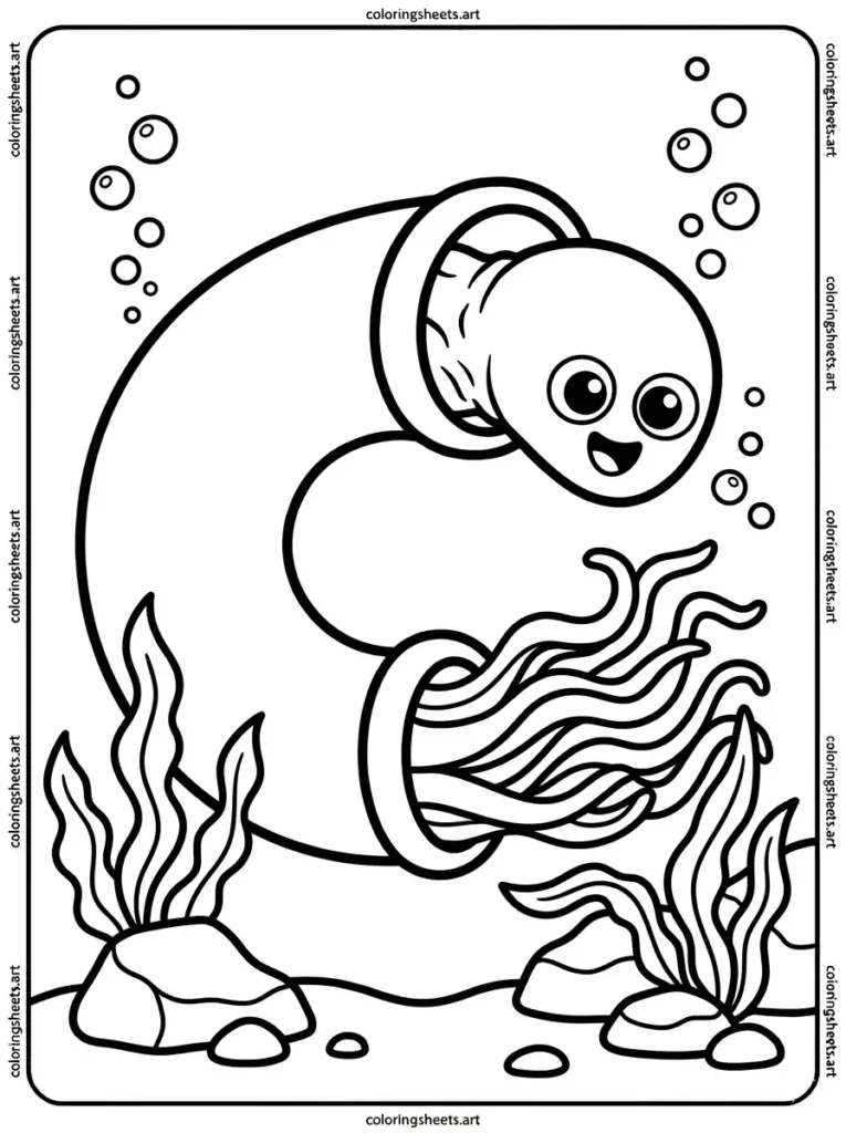 Octopus squeezing through an underwater pipe coloring page free printable PDF