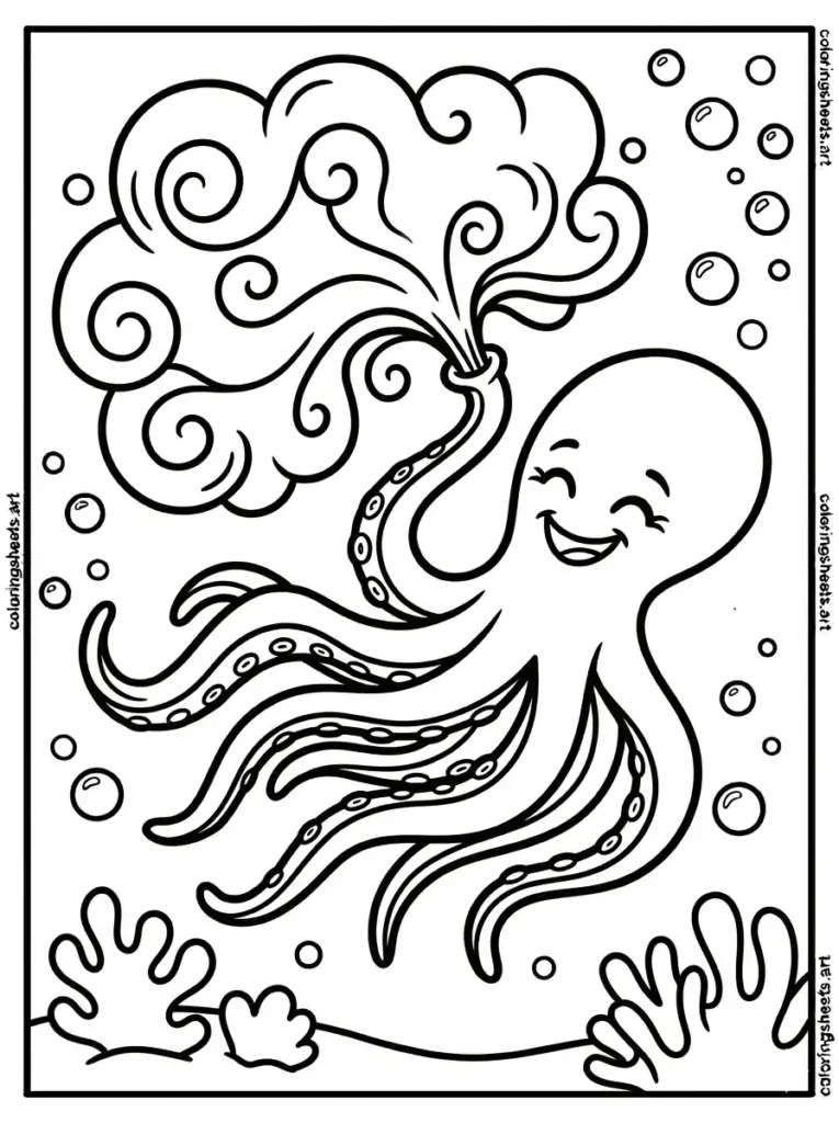 Octopus squirting a big ink cloud to escape coloring page free printable