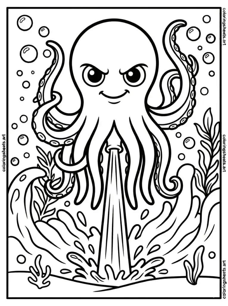 Octopus pushing a strong water jet behind coloring page free printable PDF
