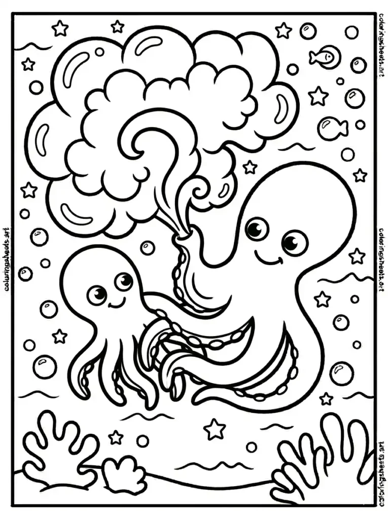 Two octopuses sharing one big ink cloud coloring page for kids