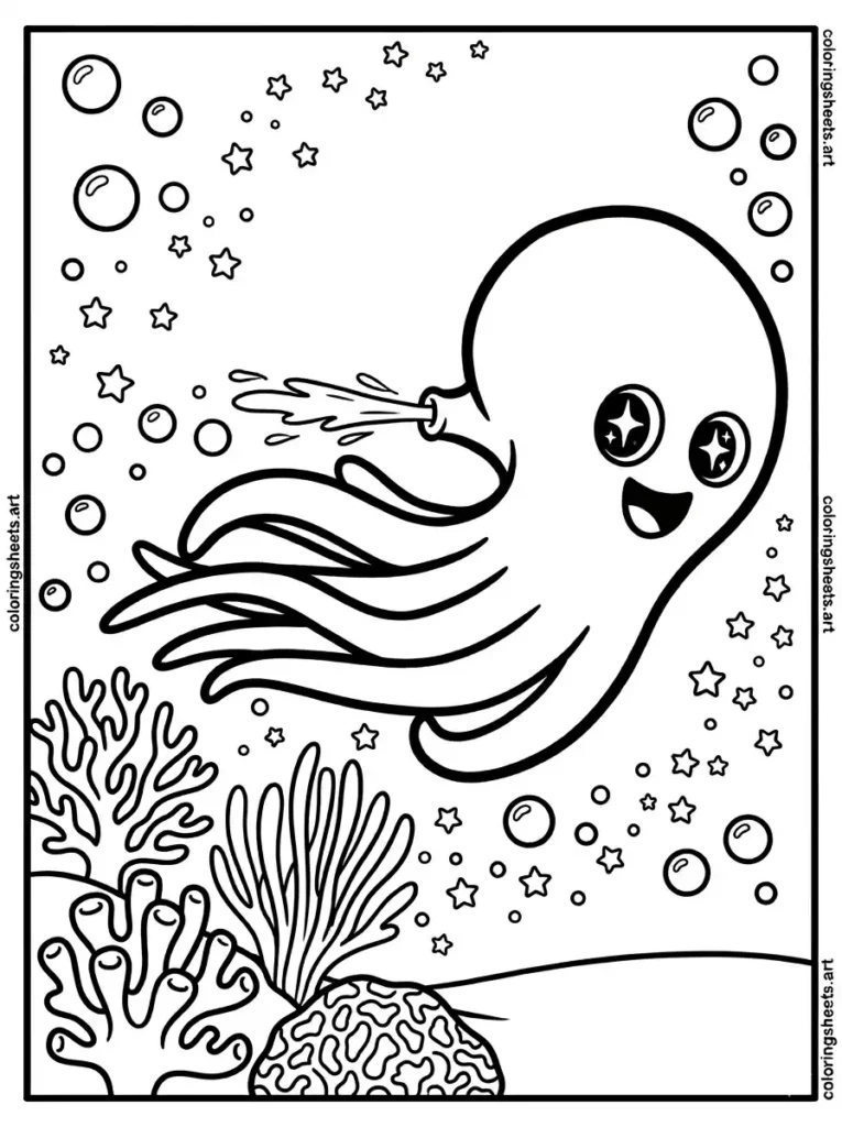Octopus zooming past a coral reef with jet power coloring page free printable