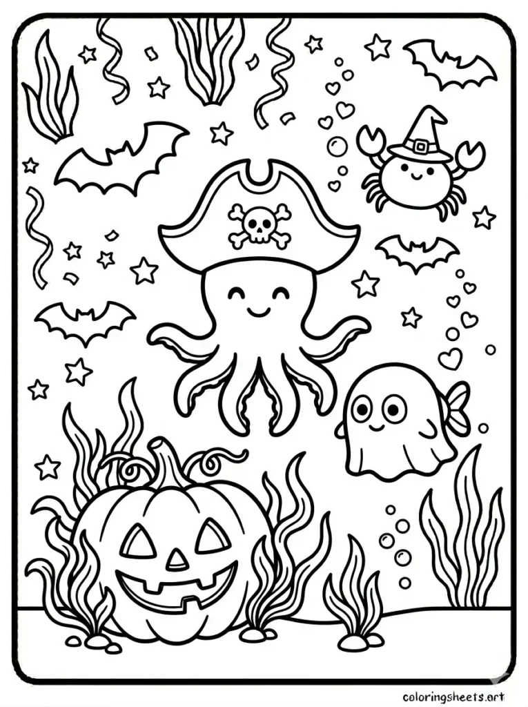 Ocean coloring pages for kids printable with Halloween under the sea costume party